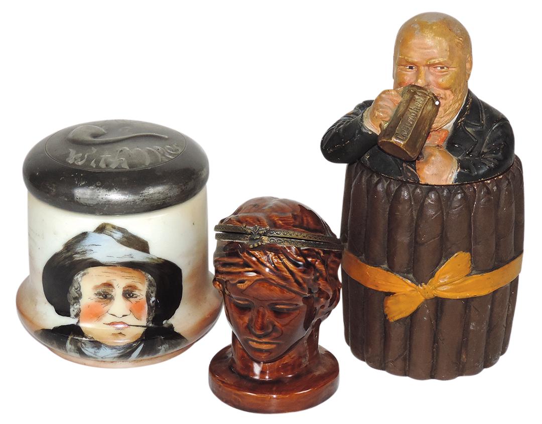 Tobacciana Humidors (3), hand-painted ceramic Bohemia/Czech of man drinking beer in cigar bundle,: Tobacciana Humidors (3), hand-painted ceramic Bohemia/Czech of man drinking beer in cigar bundle, hand-painted opaline w/portrait & silvered cover, plus Majolica neoclassic bust, VG to Exc cond noting