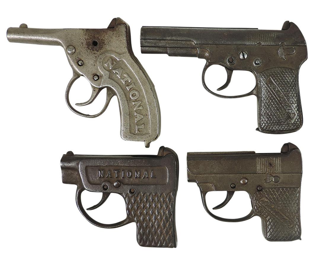 Toy Cap Guns (4), cast iron automatics, all by National, Good to VG working cond, largest 6"L.: Toy Cap Guns (4), cast iron automatics, all by National, Good to VG working cond, largest 6"L.