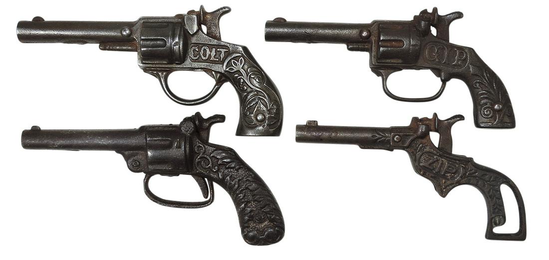 Toy Cap Guns (4), cast iron Colt & Gip, mfgd by Stevens, Zip by Hubley & unknown, c.1920s-30s,: Toy Cap Guns (4), cast iron Colt & Gip, mfgd by Stevens, Zip by Hubley & unknown, c.1920s-30s, Good+ cond w/worn catch springs, largest 6"L.