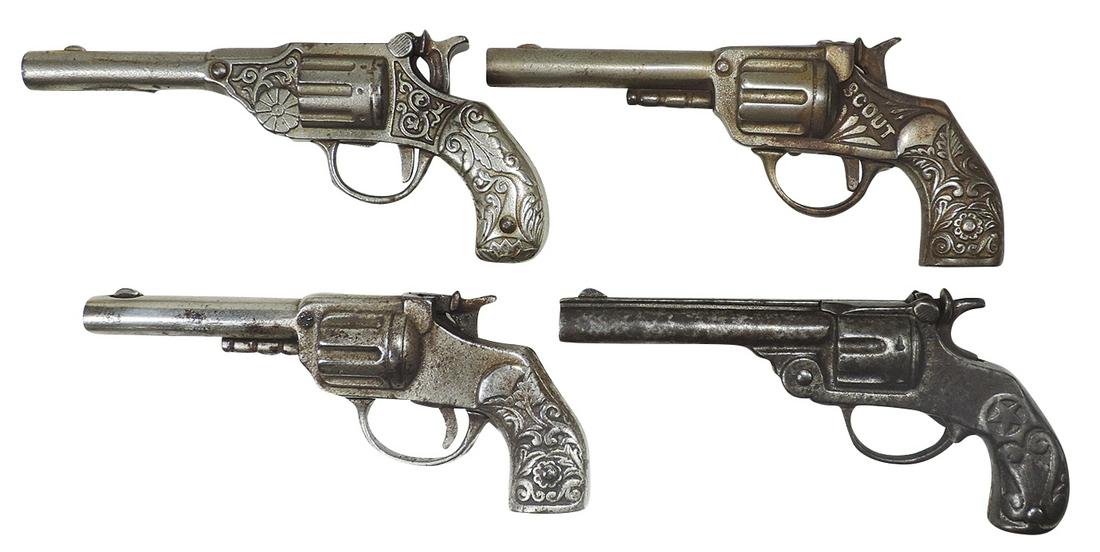 Toy Cap Guns (4), cast iron single shots, c.1890-1910, 3 Stevens plus unknown, Good+ to VG+: Toy Cap Guns (4), cast iron single shots, c.1890-1910, 3 Stevens plus unknown, Good+ to VG+ working cond, largest 7.25"L.