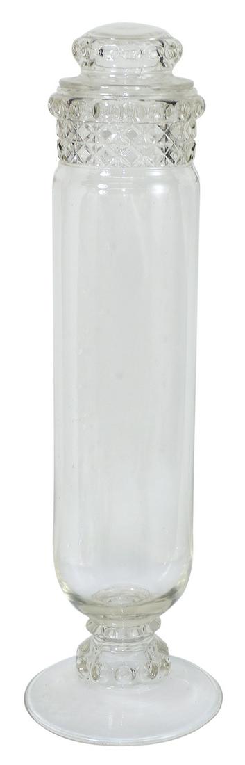 Candy Store Show Jar, Dakota Cylinder w/waffle pattern collar & thumbprint base & cover, Exc cond,: Candy Store Show Jar, Dakota Cylinder w/waffle pattern collar & thumbprint base & cover, Exc cond, 24"H.