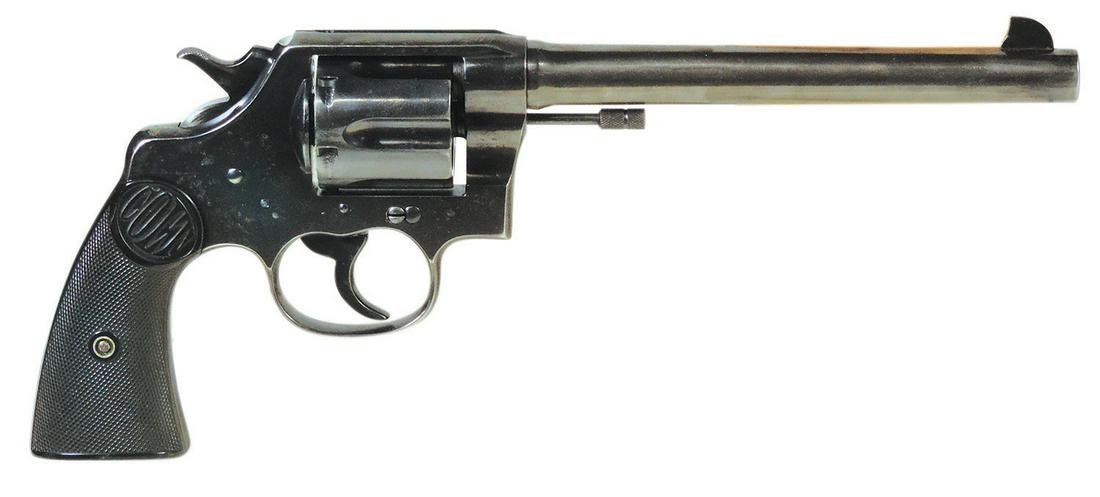 Firearm, Colt .45 New Service Revolver, c.1920, 6.5" barrel, black Bakelite grips, VG cond w/later: Firearm, Colt .45 New Service Revolver, c.1920, 6.5" barrel, black Bakelite grips, VG cond w/later blued finish showing some light wear, 13.75"L.