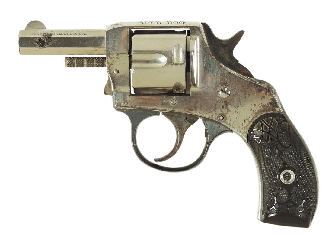 Firearm, Revolver, H & R Arms Co., Worcester, Mass, The American Bull Dog double action, .32 cal rim: Firearm, Revolver, H & R Arms Co., Worcester, Mass, The American Bull Dog double action, .32 cal rim fire 5 shot, 1 1/2” hex barrel, Serial #9844 on bottom left gun frame & marked in both grips,