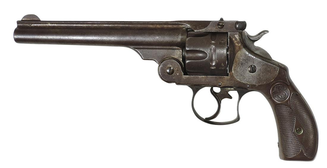 Firearm, Smith & Wesson Frontier Model 1880 Revolver, .44 cal, 6.5" barrel, brown Bakelite handle,: Firearm, Smith & Wesson Frontier Model 1880 Revolver, .44 cal, 6.5" barrel, brown Bakelite handle, Good+ orig cond & finish, 12"L.