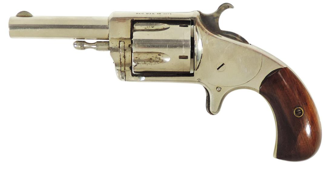 Firearm, Revolver, Hopkins & Allen Mfg Co. "Blue Jacket #2", Pat Mar 26 '71, single action spur: Firearm, Revolver, Hopkins & Allen Mfg Co. "Blue Jacket #2", Pat Mar 26 '71, single action spur trigger, .32 cal rim fire 5 shot, 2 1/4" barrel, Serial #2975, orig walnut grips & nickel plating, Exc w