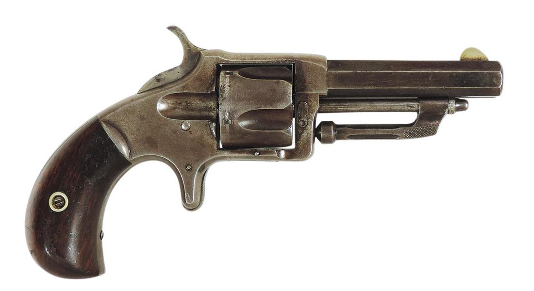 Firearm, Revolver, Wesson & Harrington, Worcester, Mass, single action spur trigger, .32 cal rim: Firearm, Revolver, Wesson & Harrington, Worcester, Mass, single action spur trigger, .32 cal rim fire, 2 1/4" hex barrel, 5 shot w/patented extractor on cylinder pin, left side of breach & walnut grip