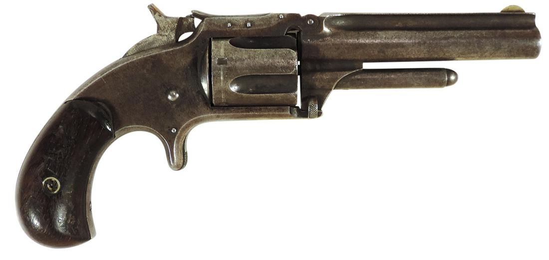 Firearm, Revolver, Smith & Wesson, Springfield, Mass., Pat Apr 3, '55, July 5, '59 & Nov 1, '65: Firearm, Revolver, Smith & Wesson, Springfield, Mass., Pat Apr 3, '55, July 5, '59 & Nov 1, '65, single action spur trigger, .32 cal rim fire, 5 shot top break, 3" barrel, Serial #26741 on bottom of b