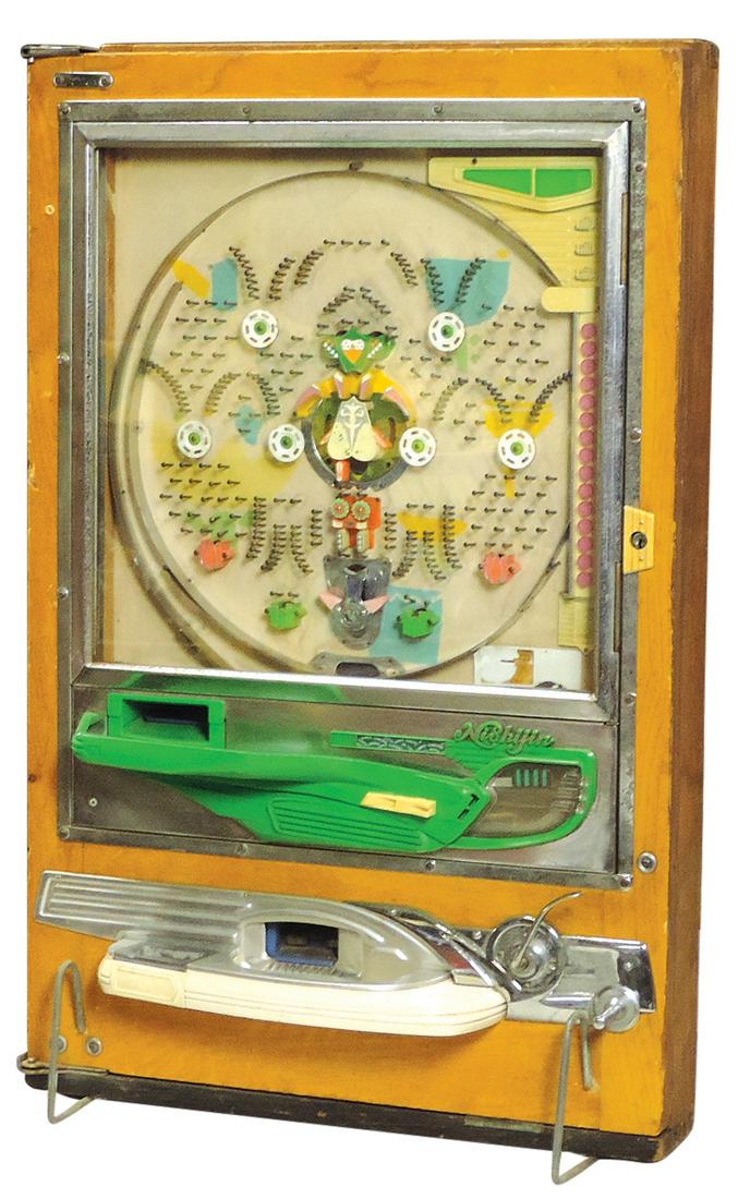 Gaming, Pachinko machine, wood, glass & metal, mfgd by Nishijin, VG untested cond w/o key, 32"H.: Gaming, Pachinko machine, wood, glass & metal, mfgd by Nishijin, VG untested cond w/o key, 32"H.