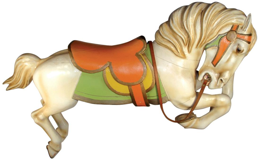 Carousel Animal, Allan Herschell Horse-Jumper, Rare, from the Stone Mountain Musical Museum: Carousel Animal, Allan Herschell Horse-Jumper, Rare, from the Stone Mountain Musical Museum Collection-Stone Mountain, GA, cream w/orange saddle, green blanket & deeply carved mane, detailed hand-carv