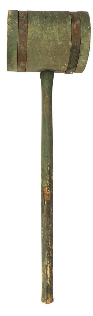 Arcade Circus or Carnival Strongman Mallet, wood w/early green paint & iron bands, Good cond w/wear: Arcade Circus or Carnival Strongman Mallet, wood w/early green paint & iron bands, Good cond w/wear & handle repair, 35"L x 9.25"W x 7.25"Dia.