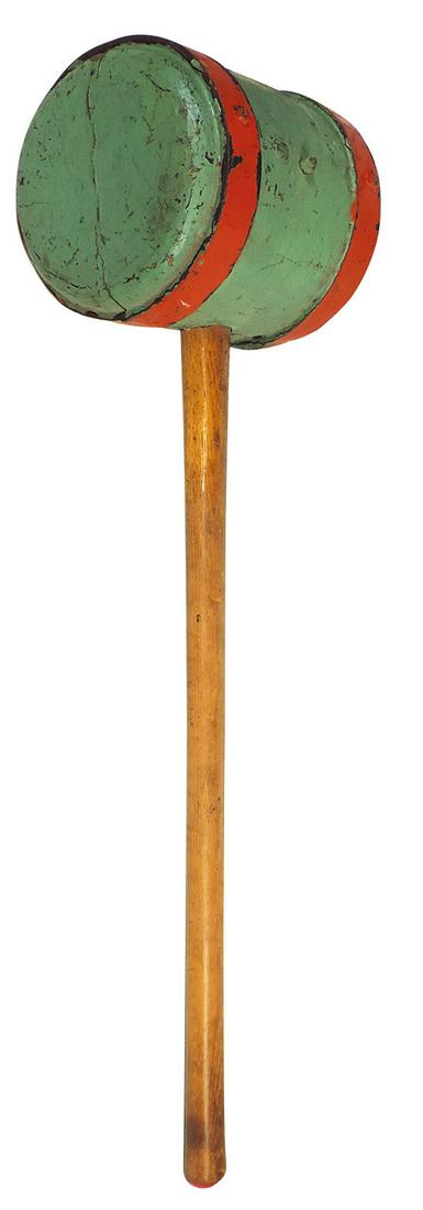 Arcade, Circus or Carnival Strongman Mallet, early carved wood 2-tone painted head, iron bands: Arcade, Circus or Carnival Strongman Mallet, early carved wood 2-tone painted head, iron bands w/early bolted repairs & varnished handle, VG cond, 36"L x 9.5"W x 8"Dia.
