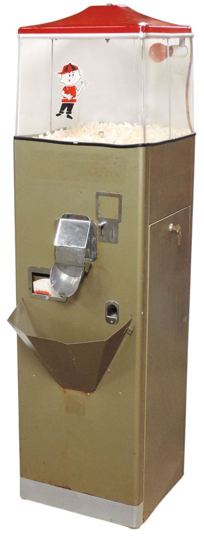 Coin-Operated Popcorn Machine, mfgd by True Value Products-Omaha, NE, metal w/plastic hopper, Good: Coin-Operated 10 cent Popcorn Machine, mfgd by True Value Products-Omaha, NE, metal w/plastic hopper, Good cond, Shows some blemishes on rear of hopper, o/wise good original working condition, w/keys,