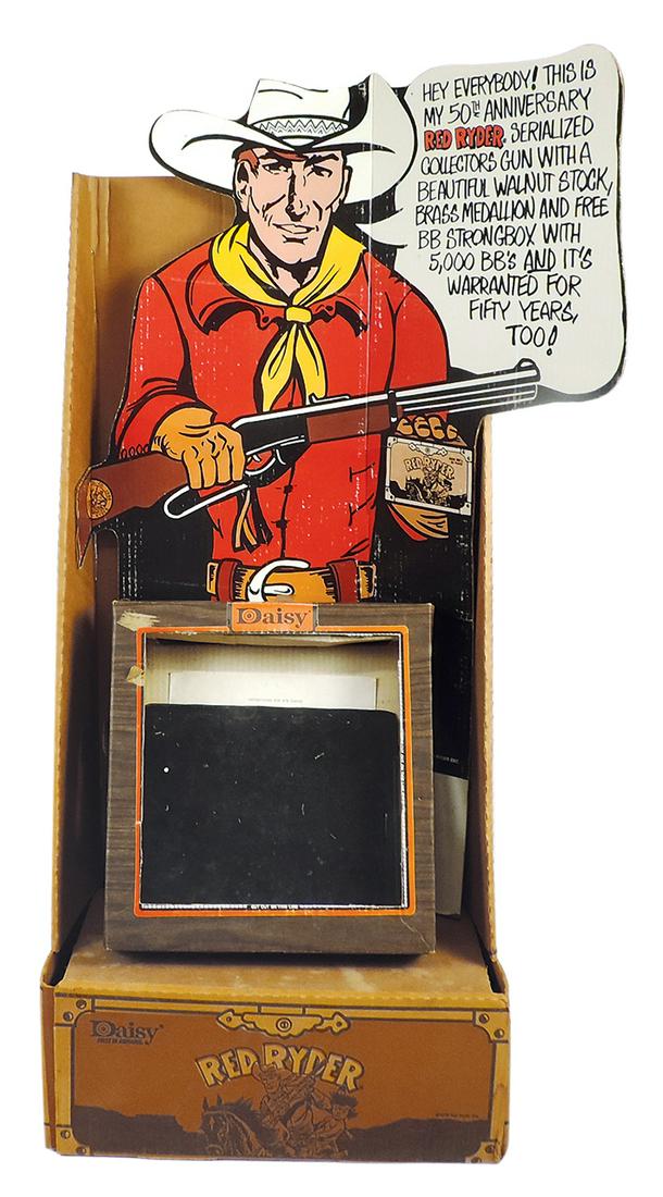 Air Rifle Red Ryder Displays (2), die-cut cdbd litho of the comic character w/balloon marquee, Red: Air Rifle Red Ryder Displays (2), die-cut cdbd litho of the comic character w/balloon marquee, Red Ryder cdbd display box & Daisy cdbd target/trap w/rubber mat, Good+ cond w/some wear & use, larger 37