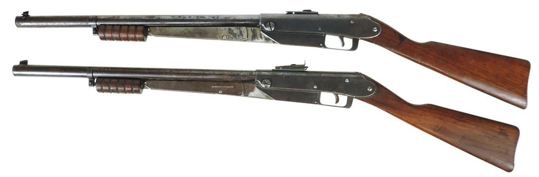 Air Rifles (2), Daisy Model 25 pump action 50 shot, Var. 2 w/adj front sight & Var. 3, VG working: Air Rifles (2), Daisy Model 25 pump action 50 shot, Var. 2 w/adj front sight & Var. 3, VG working cond, 36"L.