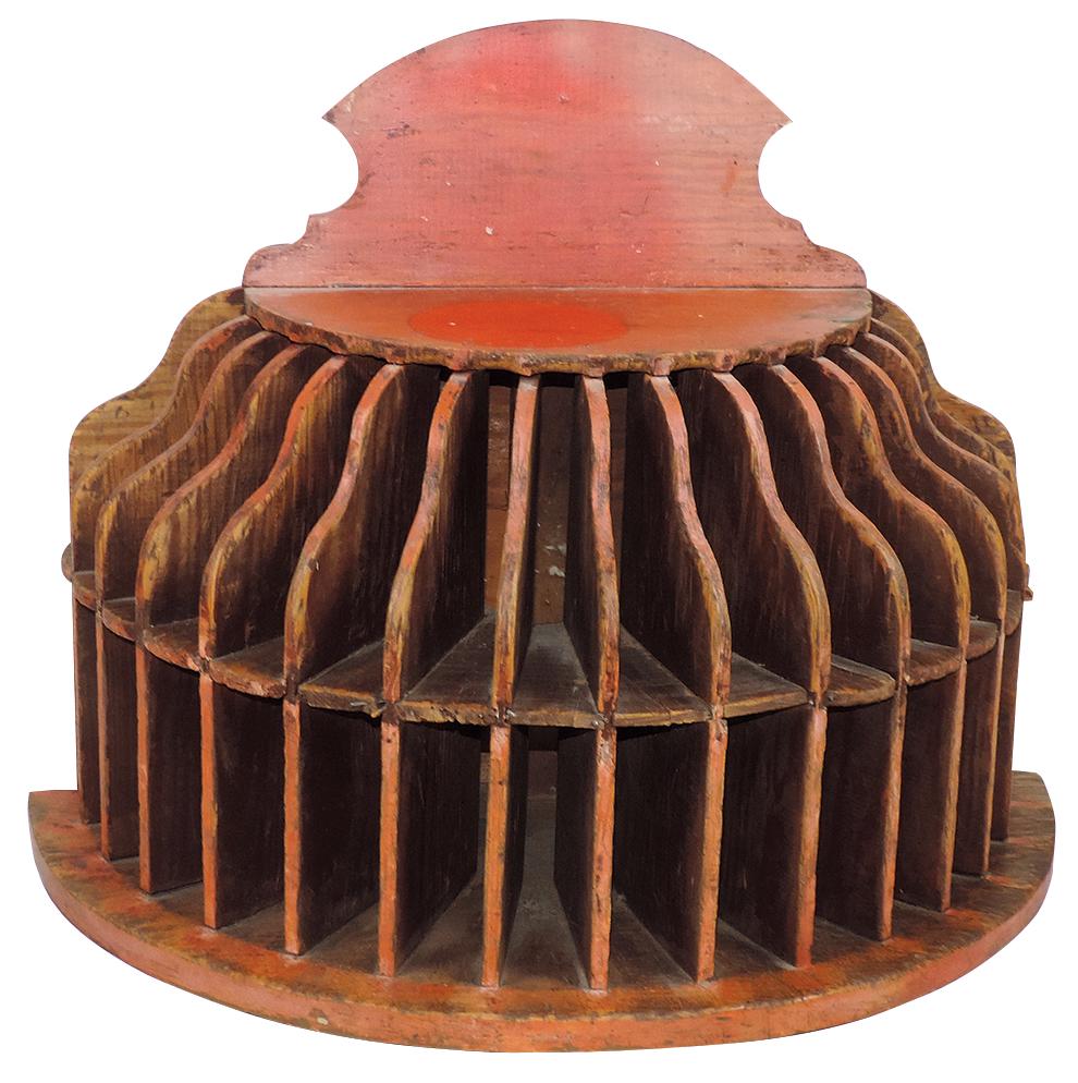 Hardware Store Axe Head Display Rack, 2-tiered wood w/red paint remnants & scalloped marquee panel,: Hardware Store Axe Head Display Rack, 2-tiered wood w/red paint remnants & scalloped marquee panel, VG cond, 18.5"H x 23"W.