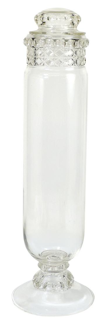 Candy Store Show Jar, Dakota Cylinder w/waffle pattern neck & cover on footed base, Exc cond, 24"H.: Candy Store Show Jar, Dakota Cylinder w/waffle pattern neck & cover on footed base, Exc cond, 24"H.