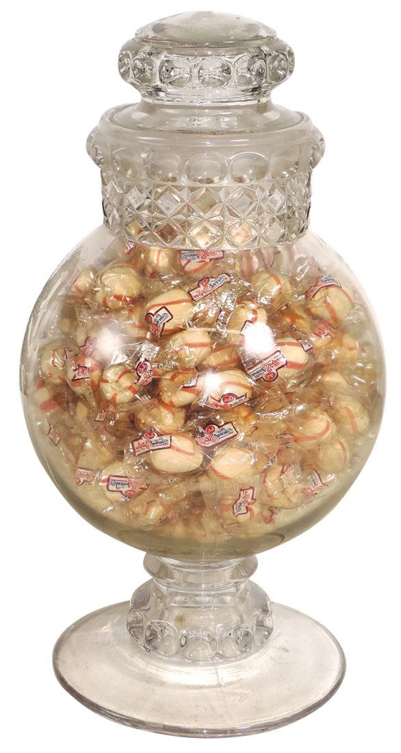 Candy Store Show Jar, Dakota Globe w/waffle pattern neck & thumbprint base, contains old product,: Candy Store Show Jar, Dakota Globe w/waffle pattern neck & thumbprint base, contains old product, Exc cond 15"H.