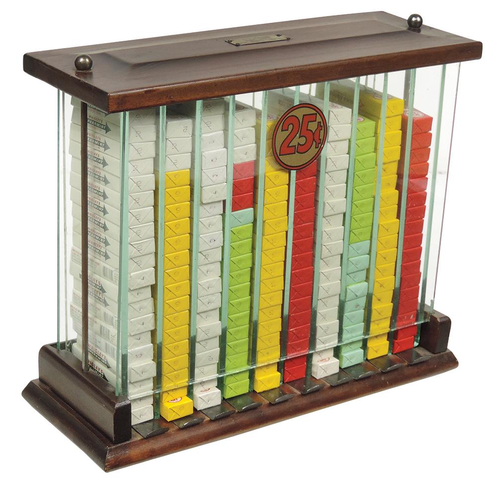 Chewing Gum Dispenser, wood & glass 10-column w/thumb slides & etched brass tag, mfgd by Ft. Scott: Chewing Gum Dispenser, wood & glass 10-column w/thumb slides & etched brass tag, mfgd by Ft. Scott Planing Mill, VG refinished cond, 12"H x 14"W x 5"D.