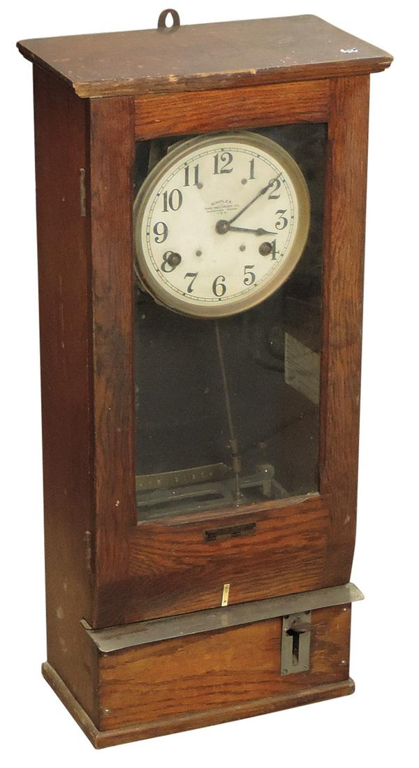 Office or Factory Time Clock, oak cased key wind, mfgd by Simplex Time Recorder, Good+ cond but: Office or Factory Time Clock, oak cased key wind, mfgd by Simplex Time Recorder, Good+ cond but unknown if working, 31"H x 13"W.