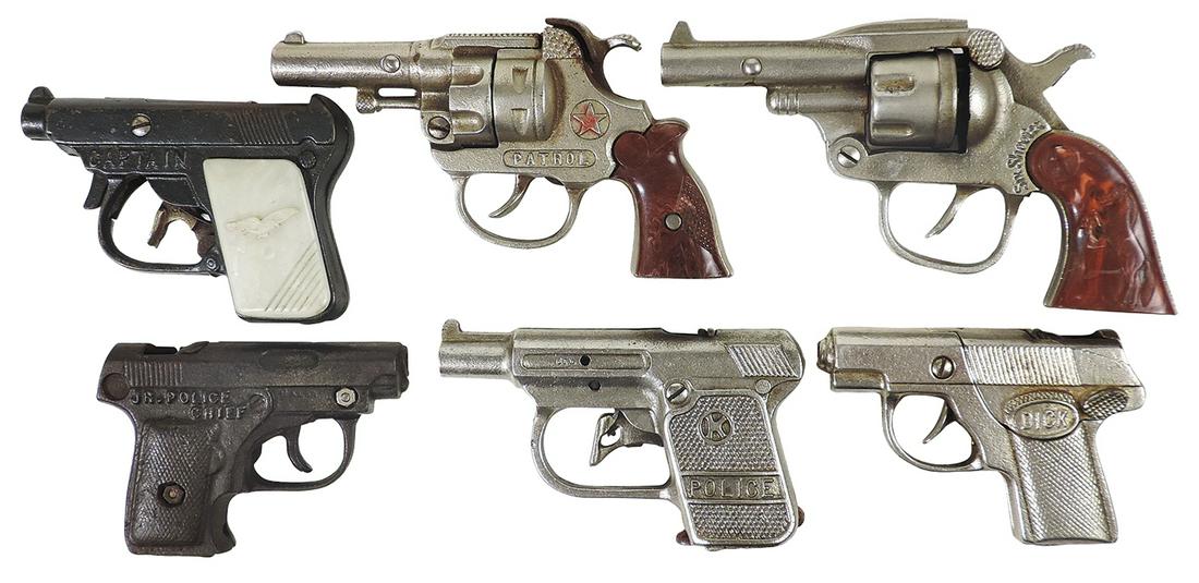 Toy Cap Guns (6), cast iron, Hubley Dick & Patrol, Kenton Six Shooter & Jr. Police Chief &: Toy Cap Guns (6), cast iron, Hubley Dick & Patrol, Kenton Six Shooter & Jr. Police Chief & Kilgore Captain & Police, VG to Exc working cond, largest 7.5"L.