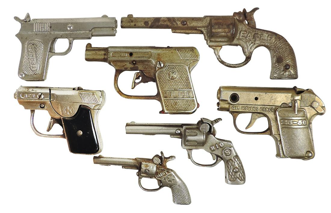 Toy Cap Guns (6), cast iron, Stevens Eagle, Kilgore Police & Rex, Kenton Rio & Hubley 25-50,: Toy Cap Guns (6), cast iron, Stevens Eagle, Kilgore Police & Rex, Kenton Rio & Hubley 25-50, Daisy & Terror, Good to Exc cond, largest 7.75"L.