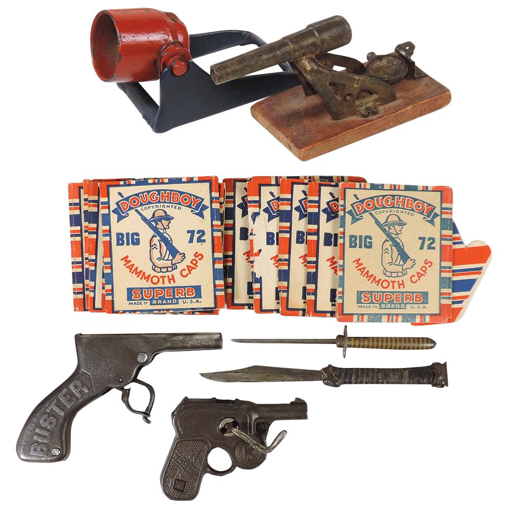 Toy Cap Guns (16), cast iron Kilgore Whizzer & Buster, cast iron Hubley Mortar, cast iron cannon,: Toy Cap Guns (16), cast iron Kilgore Whizzer & Buster, cast iron Hubley Mortar, cast iron cannon, 2 sm Stilletos & 10 packs Mammoth caps, Good to Exc cond, largest 6.5"L.