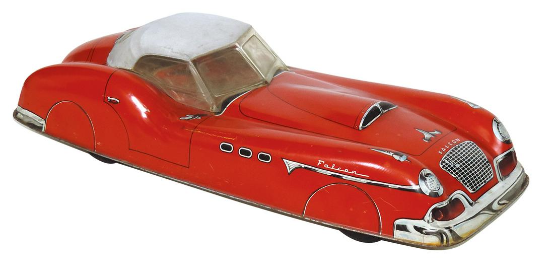 Toy Falcon Roadster, pressed litho on tin friction drive, mfgd by Marx, VG cond w/light oxidation at: Toy Falcon Roadster, pressed litho on tin friction drive, mfgd by Marx, VG cond w/light oxidation at bottom edges, 21"L.