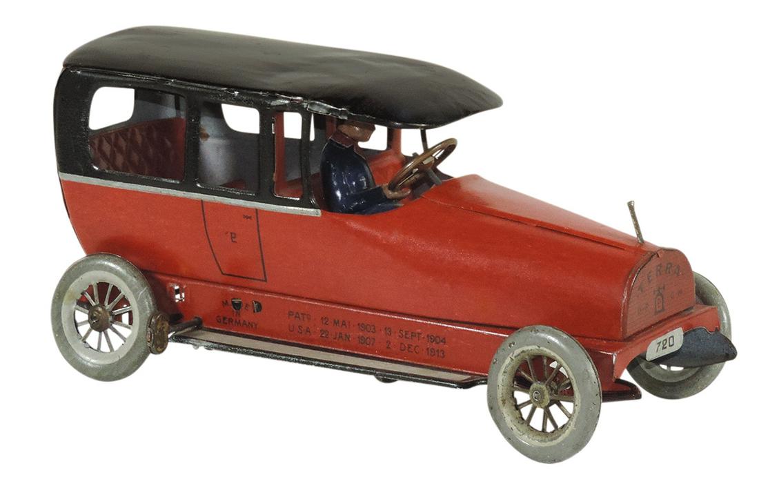 Toy Sedan, Lehmann Marke, Terra, made in Germany, c.1910, metal windup, few dents & scratches on: Toy Sedan, Lehmann Marke, Terra, made in Germany, c.1910, metal windup, few dents & scratches on top, o/wise VG cond, 5"H x 10"L.