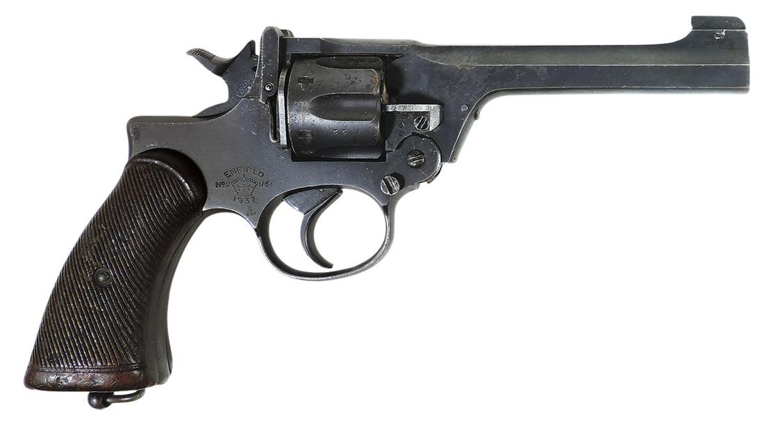 Firearm, Enfield No. 2 Mark 1 Revolver, .38 cal. dtd 1937, double action 5" barrel w/wood grips, VG: Firearm, Enfield No. 2 Mark 1 Revolver, .38 cal. dtd 1937, double action 5" barrel w/wood grips, VG cond, 11.5"L.