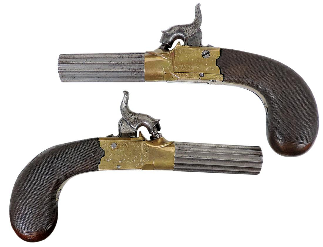 Firearm, pair matched Percussion Boot Pistols, signed Vincent Jersey, .44 caliber engraved brass: Firearm, pair matched Percussion Boot Pistols, signed Vincent Jersey, .44 caliber engraved brass frames, fluted 2 1/8" barrels unscrew for loading, inlaid silver diamond on wood grip, folding triggers