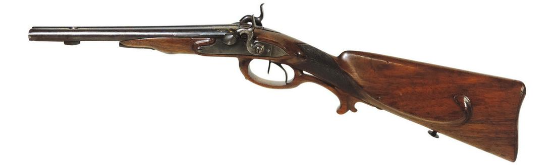 Firearm, Percussion Side By Side Coach Gun, 19th C. double hammer, probable 30 gauge percussion: Firearm, Percussion Side By Side Coach Gun, 19th C. double hammer, probable 30 gauge percussion w/11" gold inlaid barrel, checked walnut stock & carved walnut trigger guard/hand grip, engraved P. Gira