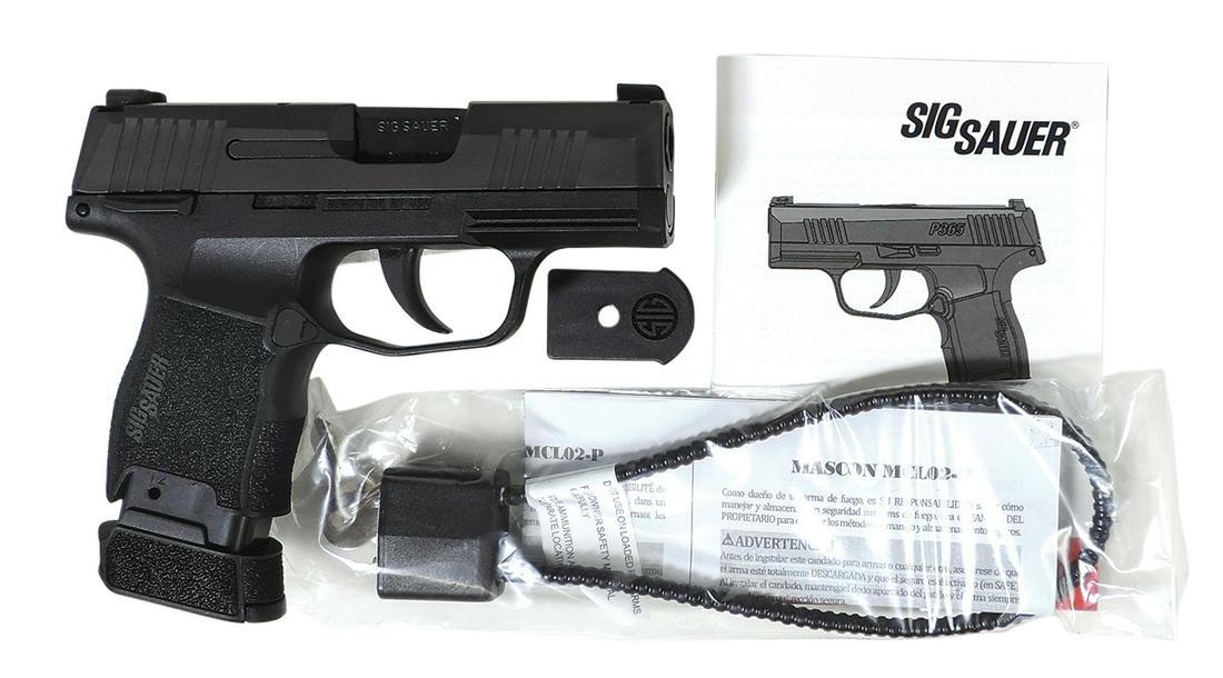 Firearm, Sig Sauer Pistol, P365 9mm sub compact everyday carry w/12 round mag, new Mascon lock &: Firearm, Sig Sauer Pistol, P365 9mm sub compact everyday carry w/12 round mag, new Mascon lock & key, fitted carry case & manual, Exc+ cond, 6"L, case 11" x 12".