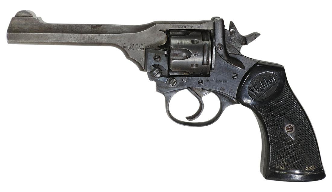 Firearm, Webley Mark IV Revolver, .38 cal. stamped War Finish, 6.25" barrel, Good+ cond, 11"L.: Firearm, Webley Mark IV Revolver, .38 cal. stamped War Finish, 6.25" barrel, Good+ cond, 11"L.