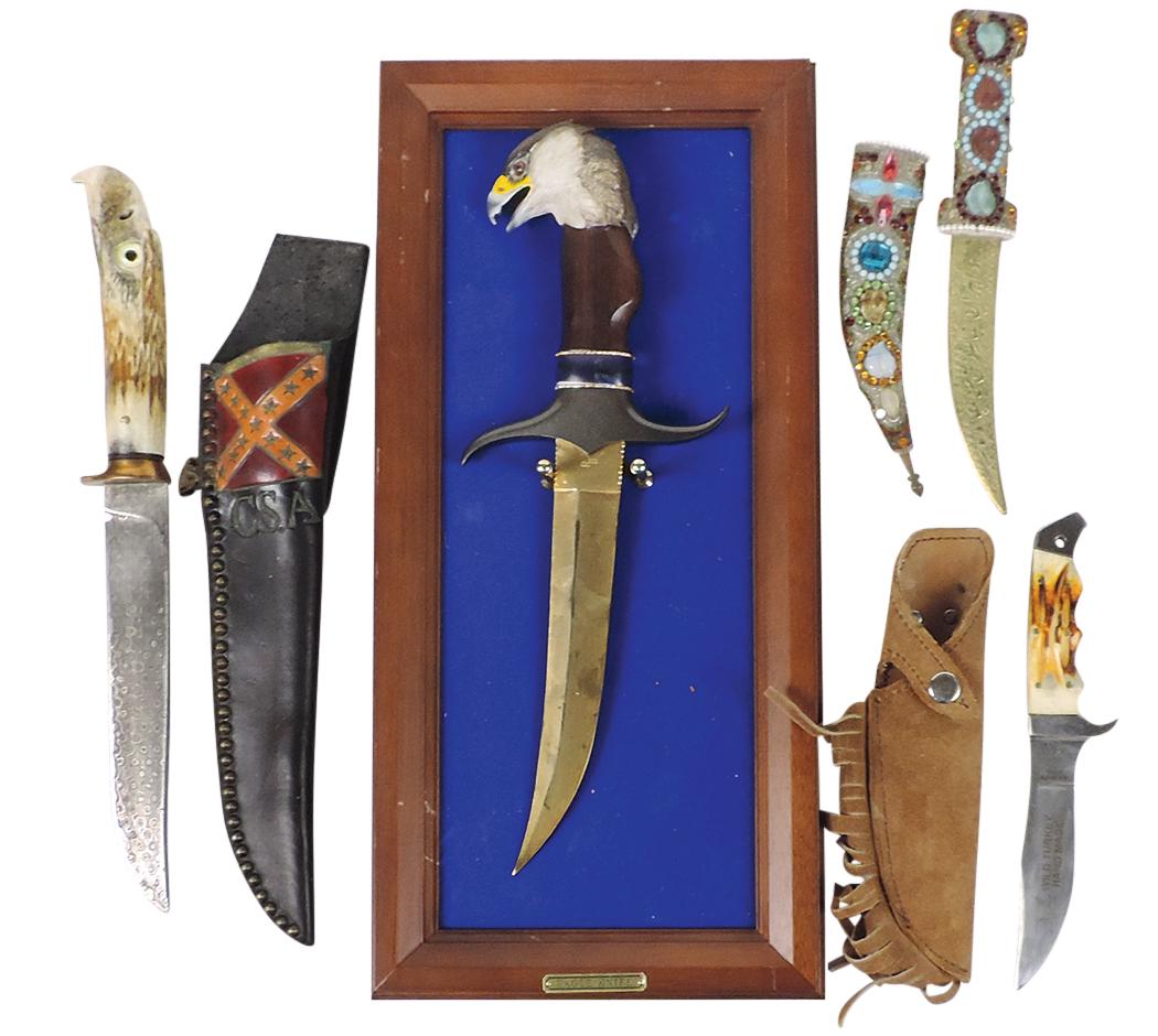Knives (4), carved Eagle Head bone handle w/damascene blade in CSA tooled leather sheath, Eagle Head: Knives (4), carved Eagle Head bone handle w/damascene blade in CSA tooled leather sheath, Eagle Head dagger stamped RB, Wild Turkey hunting plus beaded/jeweled Turkish dagger, VG+ to Exc cond, largest