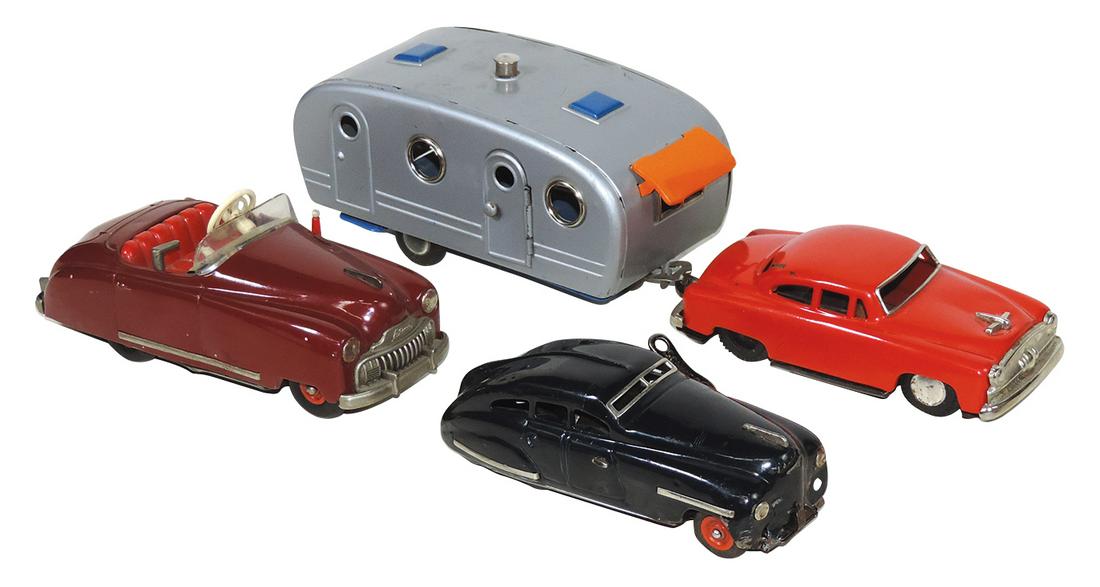 Toy Cars (3), 2 tin windup Schucos: Radio Car 4102 w/working music box & Fex 1111, both U.S. Zone: Toy Cars (3), 2 tin windup Schucos: Radio Car 4102 w/working music box & Fex 1111, both U.S. Zone Germany, plus Japan friction car w/trailer, Exc working cond, largest 11.5"L.
