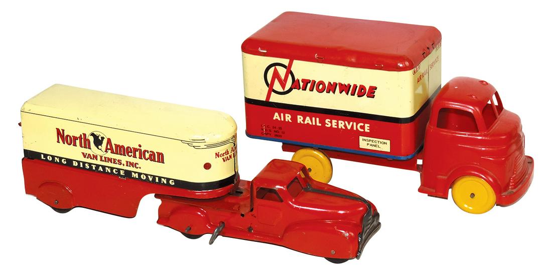 Toy Moving Vans (2), pressed steel 2-pc cab & trailer for North American & plastic & tin litho for: Toy Moving Vans (2), pressed steel 2-pc cab & trailer for North American & plastic & tin litho for Nationwide, both mfgd by Wyandotte, VG to Exc cond, larger 14"L.