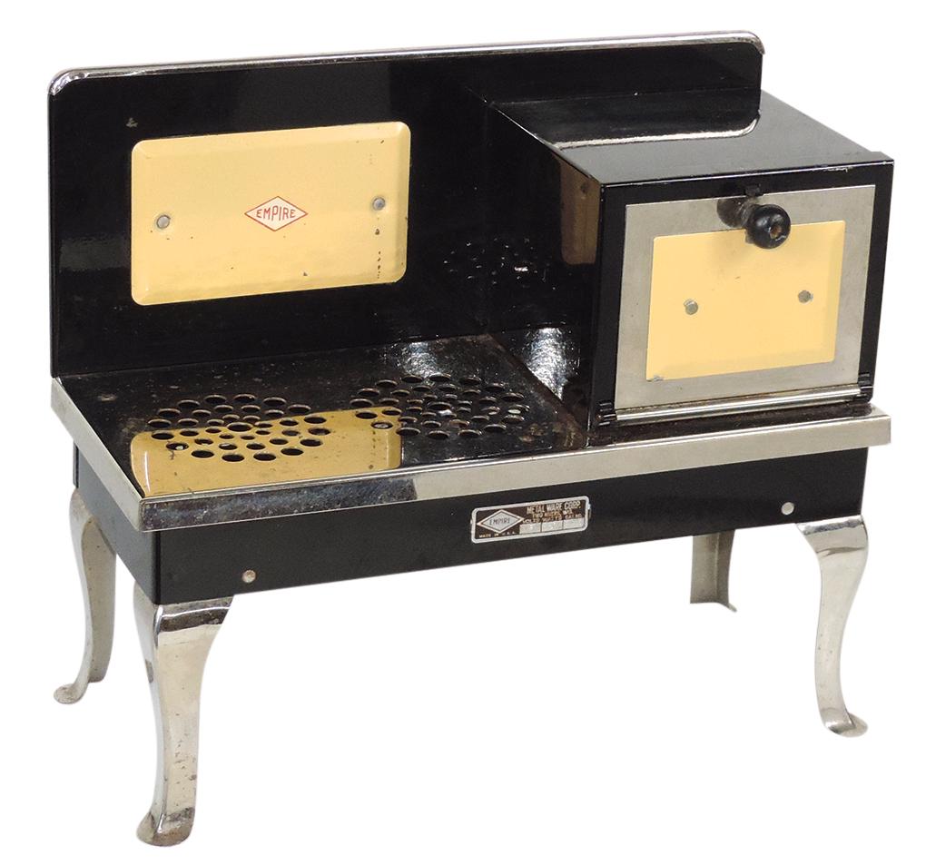 Toy Electric Cook Stove, pressed steel w/painted & nickeled finish, mfgd by Empire, c.1930s, VG: Toy Electric Cook Stove, pressed steel w/painted & nickeled finish, mfgd by Empire, c.1930s, VG working cond, 12"H x 13.5"W x 6"D.