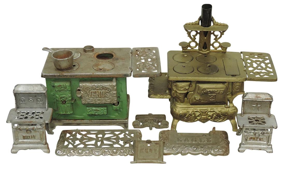 Toy Cook Stoves (4), cast iron American, Venus & 2 Royal plus extra parts, VG cond, largest 5"H.: Toy Cook Stoves (4), cast iron American, Venus & 2 Royal plus extra parts, VG cond, largest 5"H.