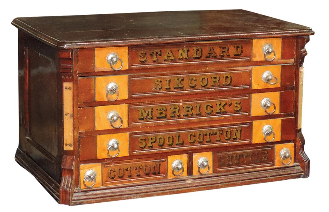Country Store Spool Cabinet, Merrick's Spool Cotton, walnut 6-drawer w/birdseye-maple panels, Good+: Country Store Spool Cabinet, Merrick's Spool Cotton, walnut 6-drawer w/birdseye-maple panels, Good+ orig cond & lettering noting several losses & modified interior, 17"H x 30"W x 19"D.
