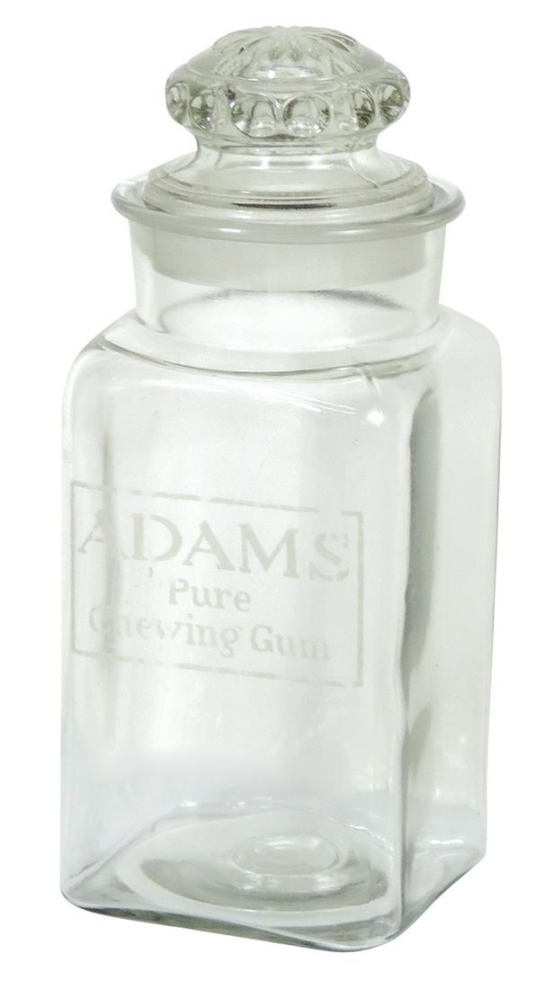 Chewing Gum Display Jar, Adams Pure Chewing Gum, molded glass w/thumbprint pressed lid & acid etched: Chewing Gum Display Jar, Adams Pure Chewing Gum, molded glass w/thumbprint pressed lid & acid etched marquee, Exc cond, 12"H.