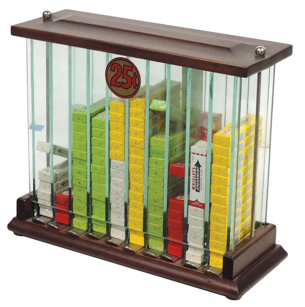 Chewing Gum Dispenser, wood & glass 10-column w/thumb slides, mfgd by Ft. Scott Planing Mill, VG: Chewing Gum Dispenser, wood & glass 10-column w/thumb slides, mfgd by Ft. Scott Planing Mill, VG refinished cond, 12"H x 14"W x 5"D.