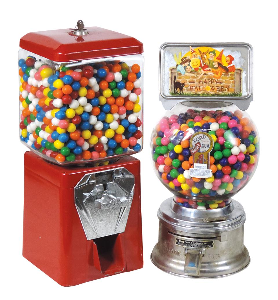 Coin-Operated Gumball Vendors (2), Ford 1 Cent w/marquee & Ford 25 Cent, both w/product, VG working: Coin-Operated Gumball Vendors (2), Ford 1 Cent w/marquee & Ford 25 Cent, both w/product, VG working cond, the 1st w/o key, larger 16"H.