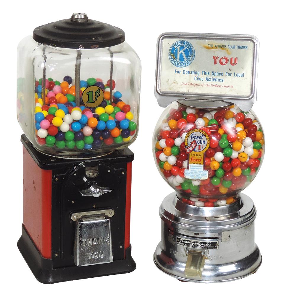 Coin-Operated Gumball Vendors (2), metal w/glass globes, 1 Cent Victor black & red & 1 Cent Ford: Coin-Operated Gumball Vendors (2), metal w/glass globes, 1 Cent Victor black & red & 1 Cent Ford w/marquee, both VG working cond w/o keys, largest 16"H.