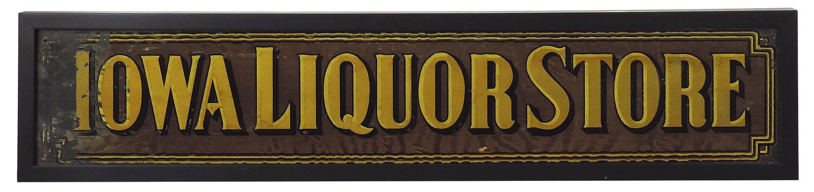 Breweriana Sign, Iowa Liquor Store, reverse-painted glass w/gold/black lettering on bronze ground,: Breweriana Sign, Iowa Liquor Store, reverse-painted glass w/gold/black lettering on bronze ground, drilled holes upper corners & later framed, Good+ cond w/some lifting & paint loss to left edge, 8"H