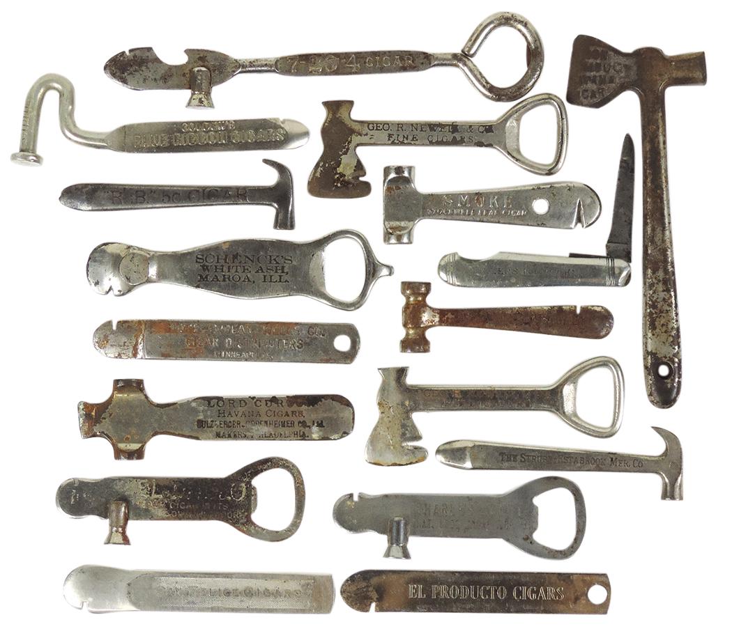 Tobacciana Cigar Box Openers & Tobacco Knife (17), cast or die-cut metal in interesting shapes, all: Tobacciana Cigar Box Openers & Tobacco Knife (17), cast or die-cut metal in interesting shapes, all w/advertising, Good+ to VG cond, largest 7"L.