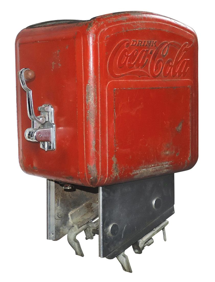 Coca-Cola Dole Jr. Countertop Dispenser, pressed steel w/embossed logo on side panels, c.1930s, Good: Coca-Cola Dole Jr. Countertop Dispenser, pressed steel w/embossed logo on side panels, c.1930s, Good cond overall w/wear & cover absent, 23"H x 11"W.