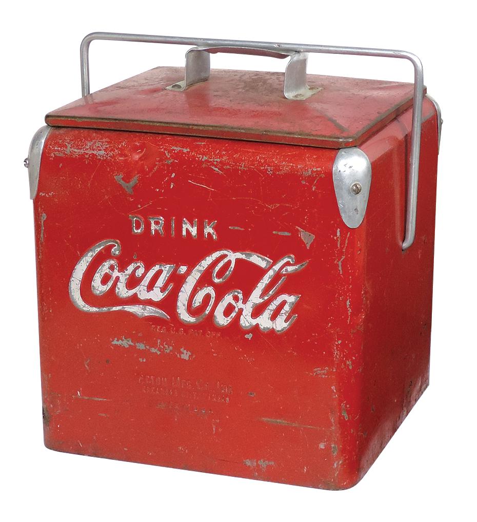 Coca-Cola Picnic Cooler, embossed metal on 2 sides, mfgd by Acton Mfg. Co., Good cond w/nice worn: Coca-Cola Picnic Cooler, embossed metal on 2 sides, mfgd by Acton Mfg. Co., Good cond w/nice worn character, 14"H.