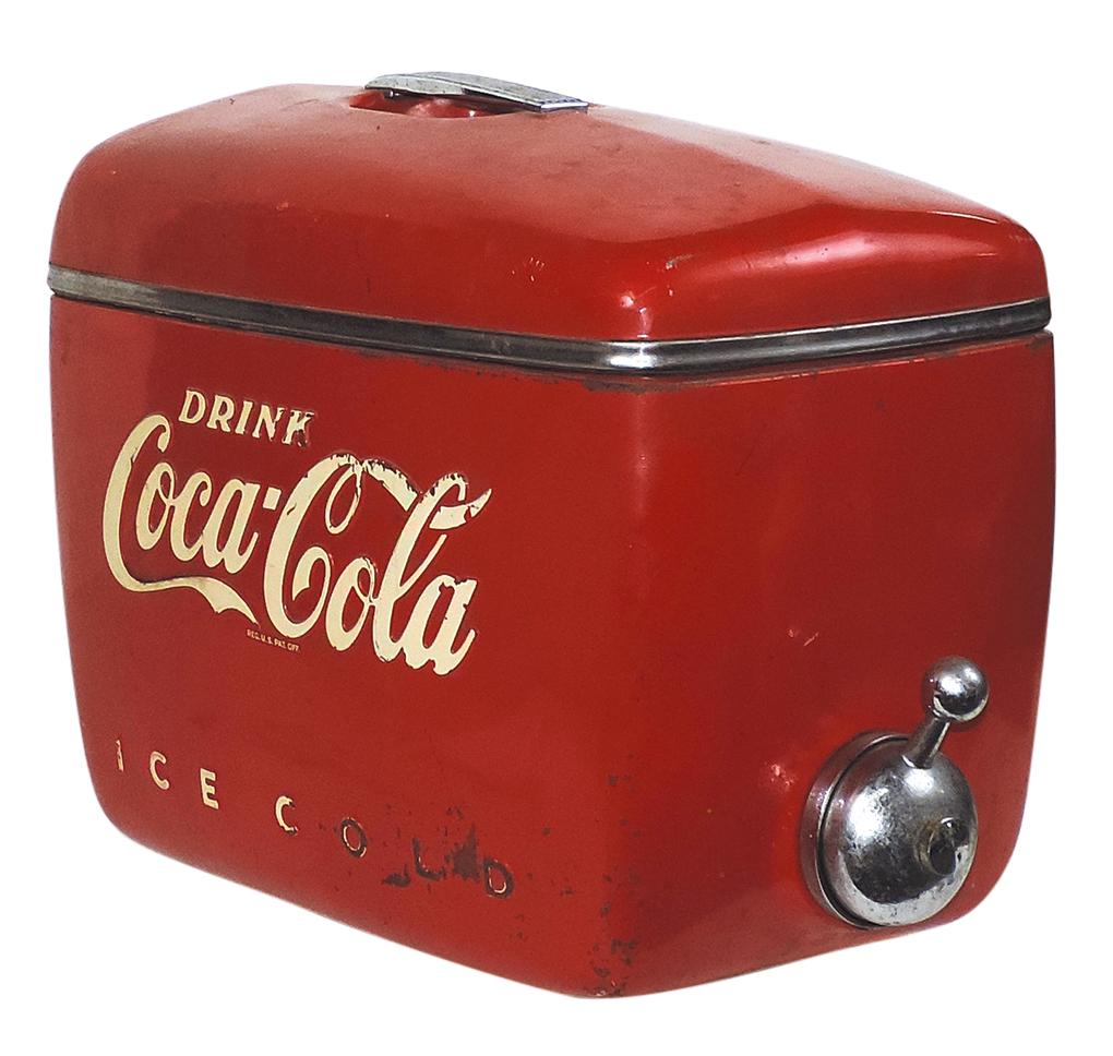 Coca-Cola Soda Dispenser, pressed steel w/embossed logo on 2 panels, mfgd by Dole Valve Co., Good+: Coca-Cola Soda Dispenser, pressed steel w/embossed logo on 2 panels, mfgd by Dole Valve Co., Good+ cond w/wear & bottom mount absent, 15"H x 19"W.