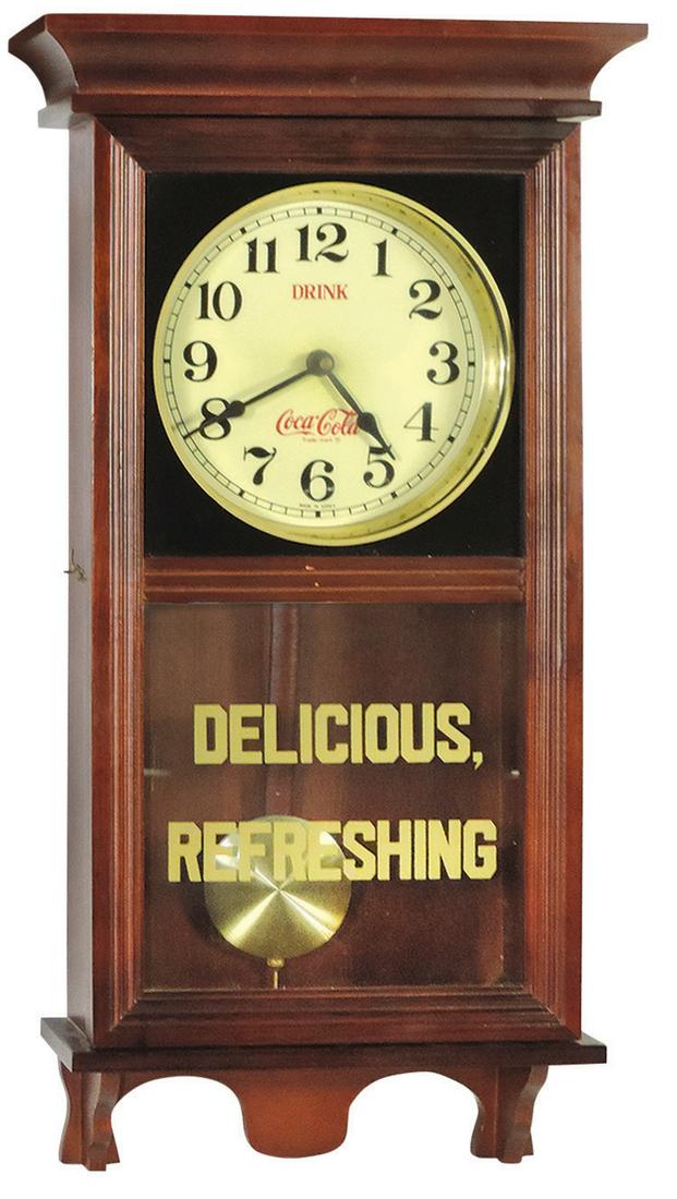 Coca-Cola Wall Clock, battery-operated wood case regulator style w/melody, Contemporary, Exc: Coca-Cola Wall Clock, battery-operated wood case regulator style w/melody, Contemporary, Exc non-working cond, 26.5"H.