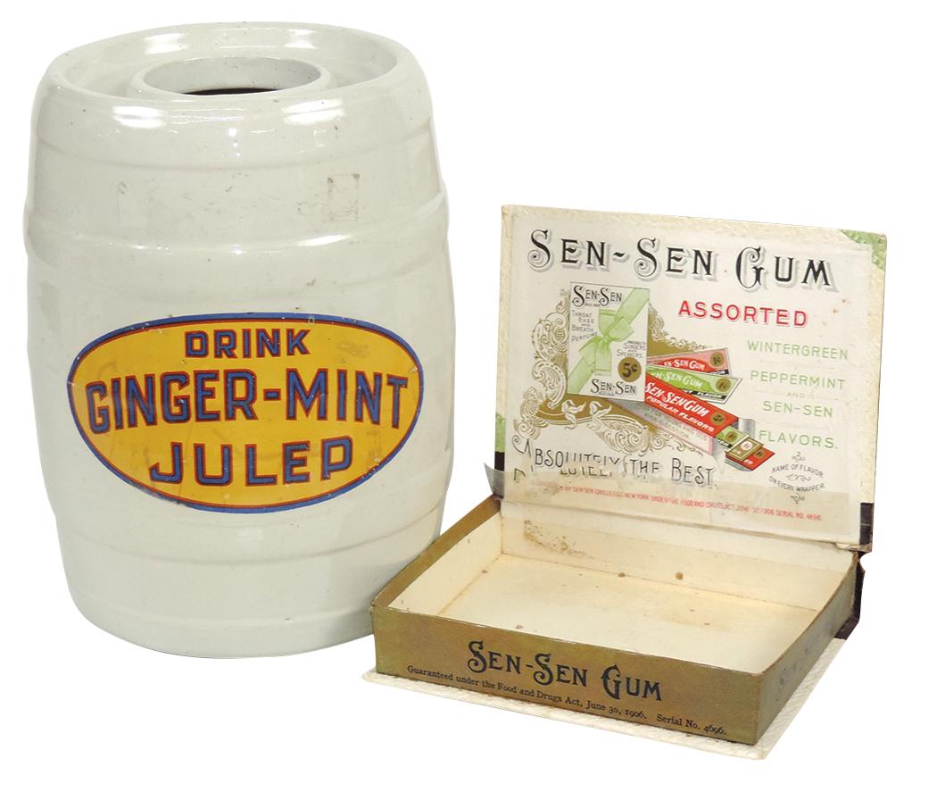 Soda Fountain (2), Ginger Mint stoneware syrup dispenser (no pump) & Sen-Sen book-form gum box, VG: Soda Fountain (2), Ginger Mint stoneware syrup dispenser (no pump) & Sen-Sen book-form gum box, VG cond, larger 10"H.